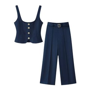 Conjunto Alfaiataria Linéa Classique - Top Curto com Botões & Calça Flare de Cintura Média