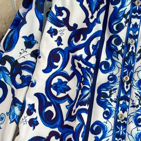 Conjunto Fashion Primavera - Camisa e Shorts com Estampa de Porcelana Azul e Branca