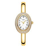 Relógio Feminino Bracelete – Estilo Luxo, Quartzo, Mostrador Oval Dourado/Prateado com Detalhes em Diamante, Fashion e Elegante