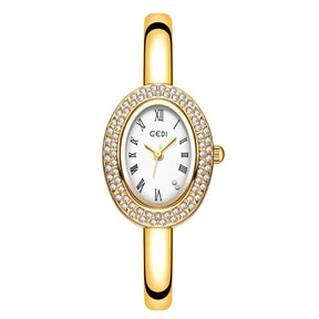 Relógio Feminino Bracelete – Estilo Luxo, Quartzo, Mostrador Oval Dourado/Prateado com Detalhes em Diamante, Fashion e Elegante