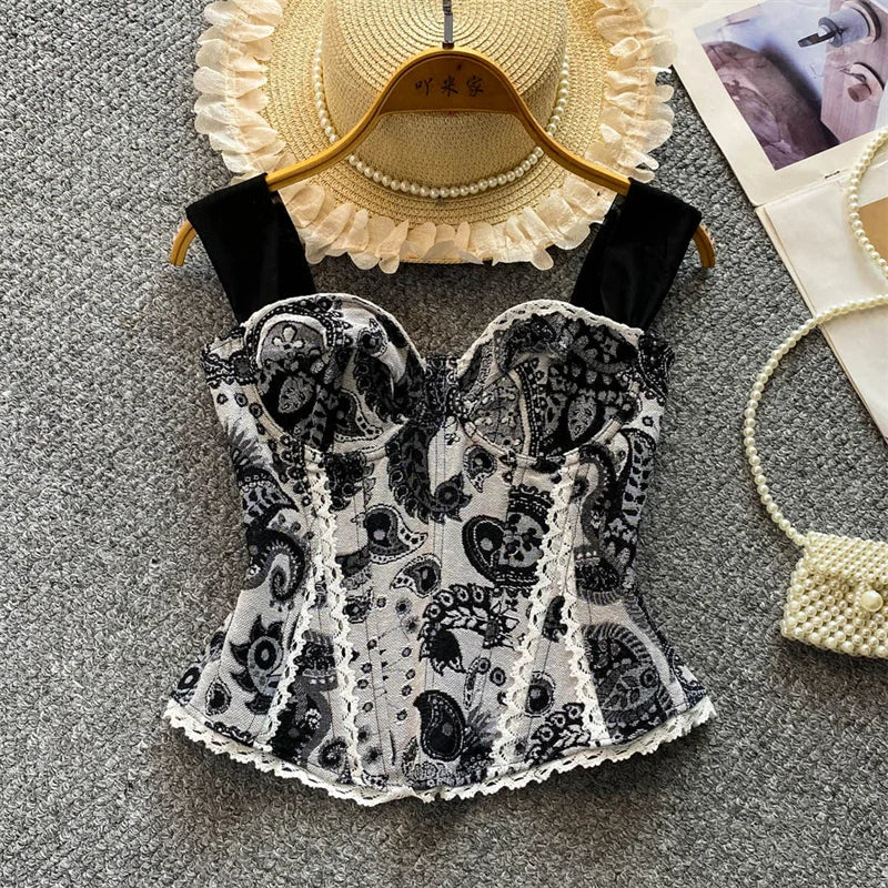 Top de Alças Estampado com Detalhes em Renda