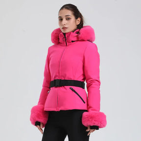 Jaqueta Feminina de Ski impermeável com Pelo no Punho e Capuz – Impermeável, Térmica e Respirável para Frio Extremo