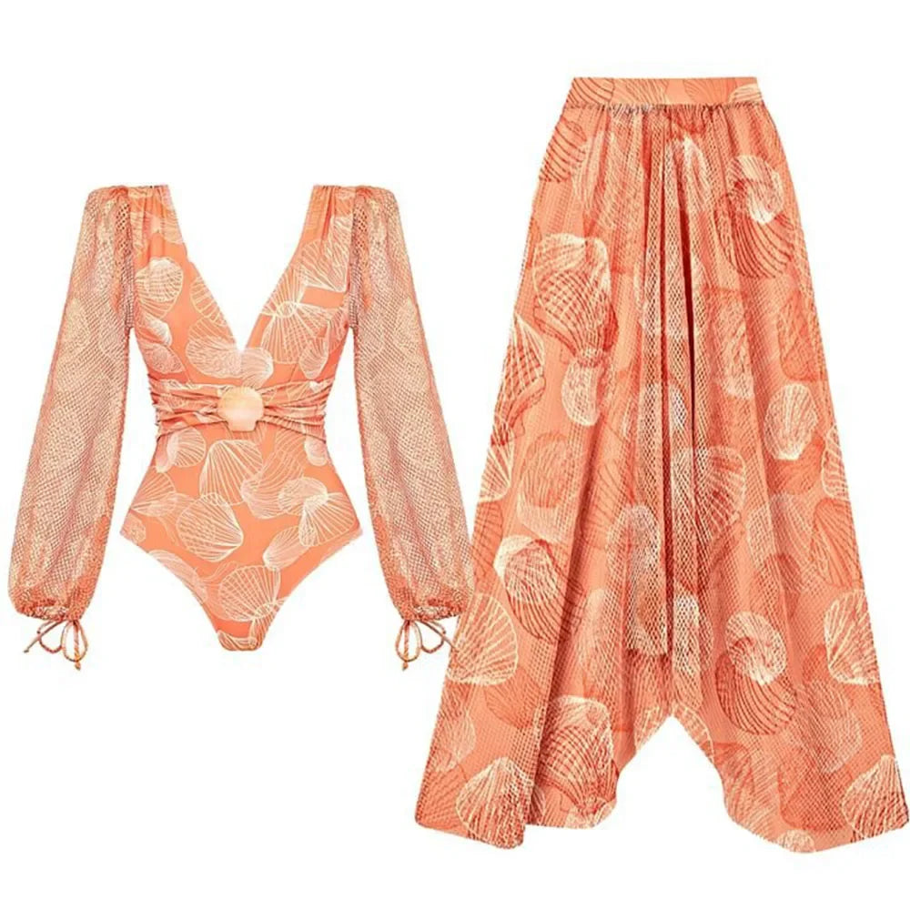 Conjunto de Banho Verão: Traje com Detalhes em Camadas e Saída de Praia
