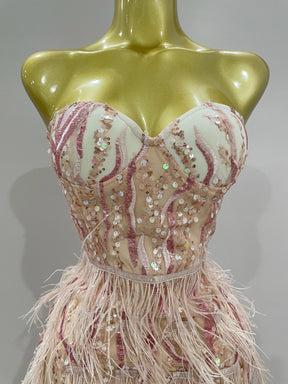 Vestido Mini Tom Rosé com Bordado à Mão, Plumas e Estrutura Tomara que Caia