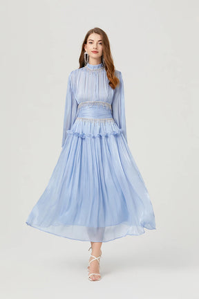 Vestido de Verão SEDA – Luxo Francês, Franjas, Pregas e cristais