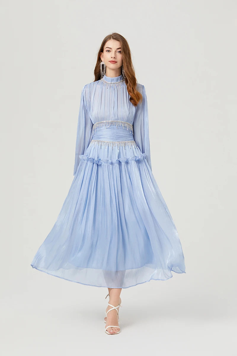 Vestido de Verão SEDA – Luxo Francês, Franjas, Pregas e cristais
