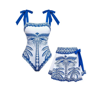 Conjunto Maiô de Praia Floral com Modelagem Modeladora e Saia