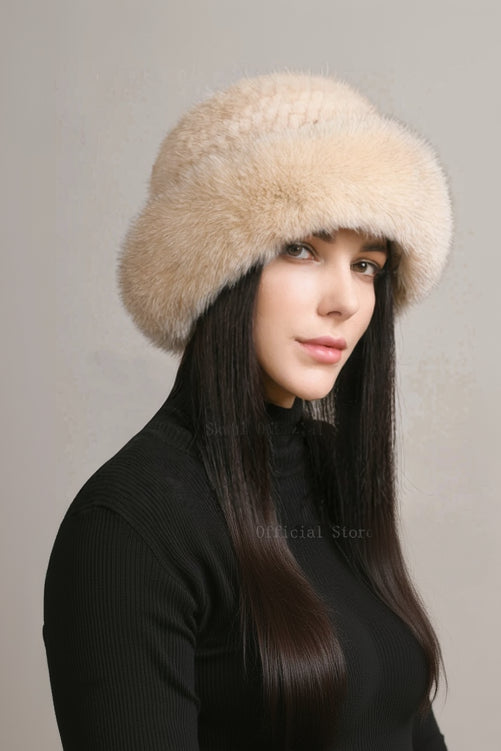 Gorro Feminino de Luxo em Pele Natural Tricotada – Acabamento Artesanal