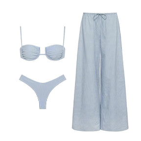 Conjunto de Biquíni Listrado com Efeito Push-Up e Calça Fluida