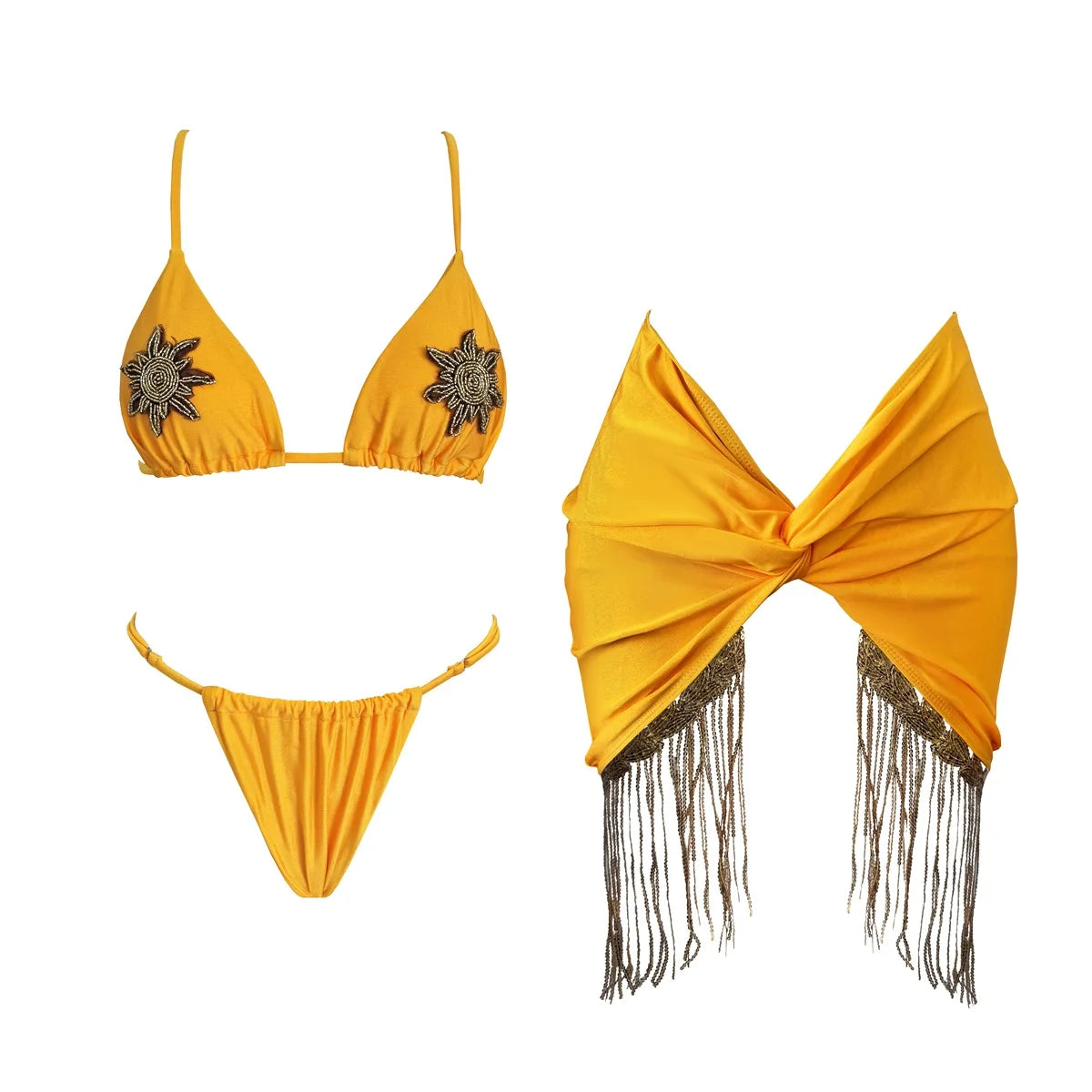 Conjunto Encanto de Verão 3 Peças — Biquíni Luxuoso com Brilho Perolado e Mini Saia Elegante