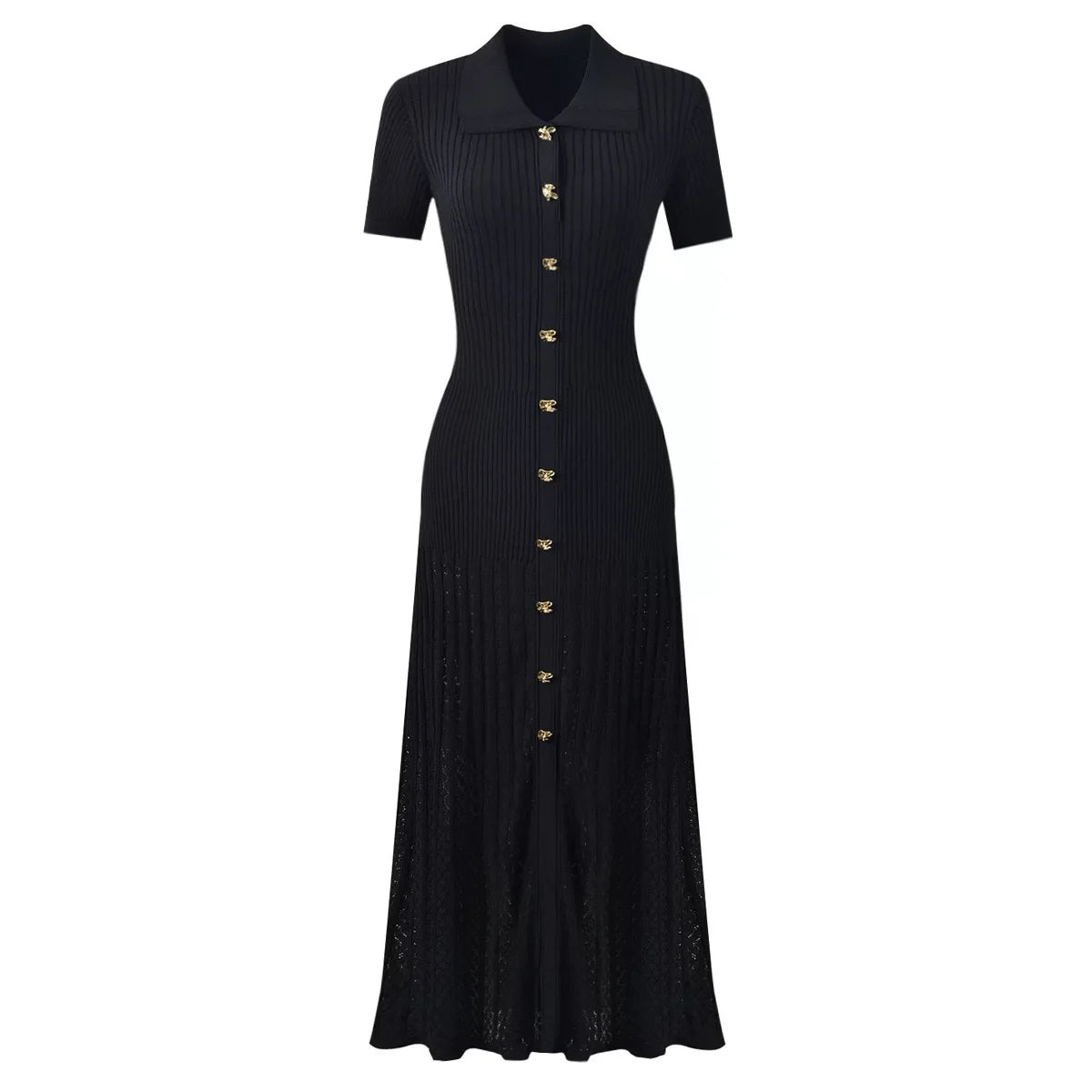 Vestido Midi em Tricô Canelado com Gola Boneca e Saia Plissada