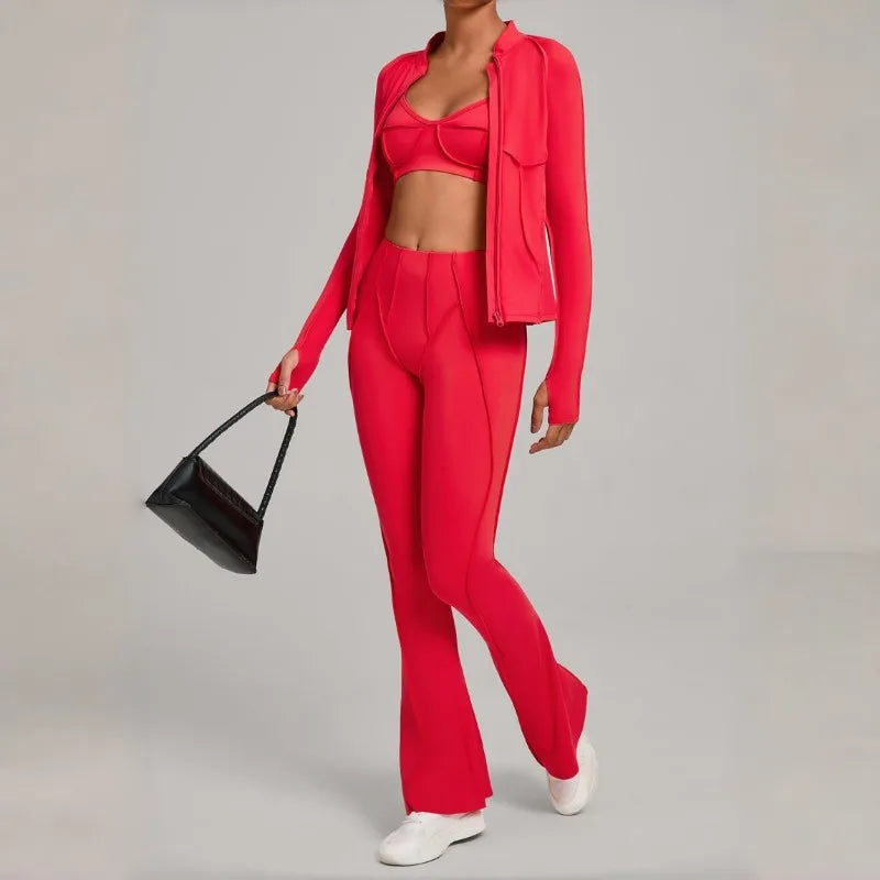 Conjunto Esportivo Feminino 3 Peças – Jaqueta com Zíper + Top + Calça | Yoga, Corrida e Treinos ao Ar Livre