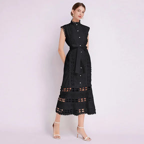 Vestido Elegante Slim – Renda Bordada e Gola Alta