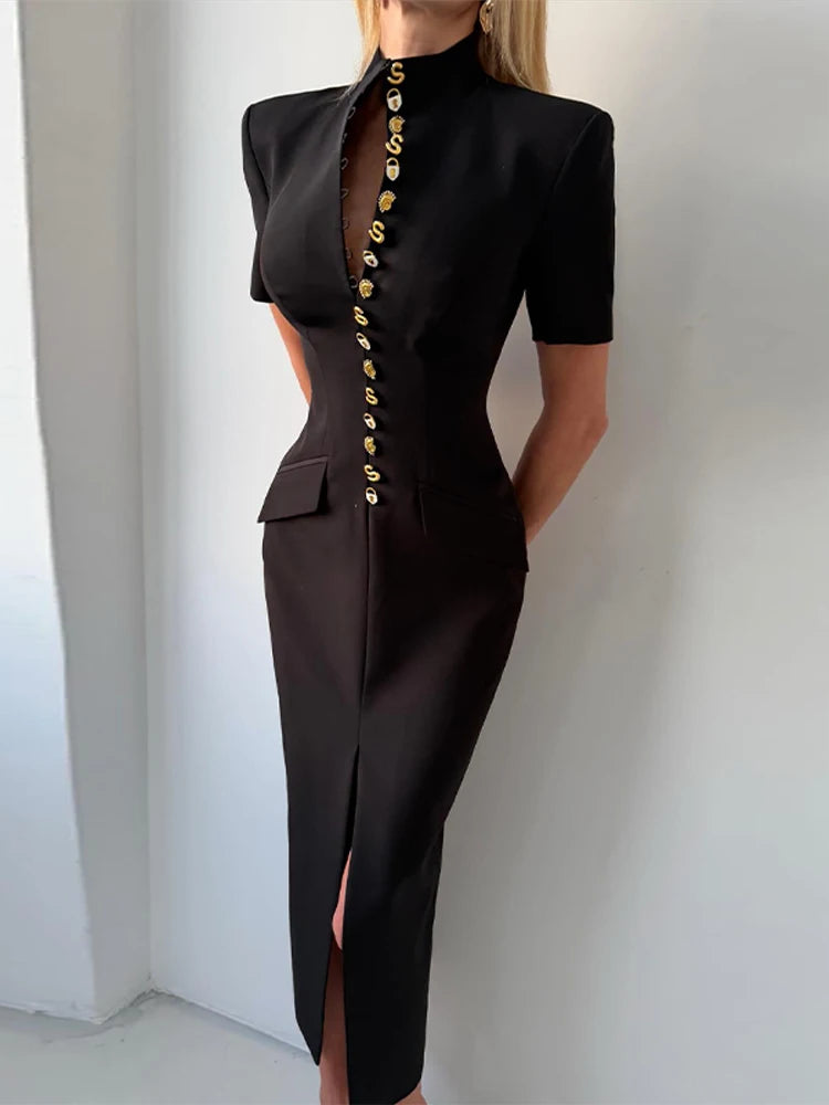 Vestido Midi Alfaiataria com Botões Dourados e Ombreira