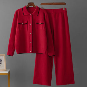 Conjunto Feminino - Estilo Francês em Tricô com Gola Polo e Calça Longa