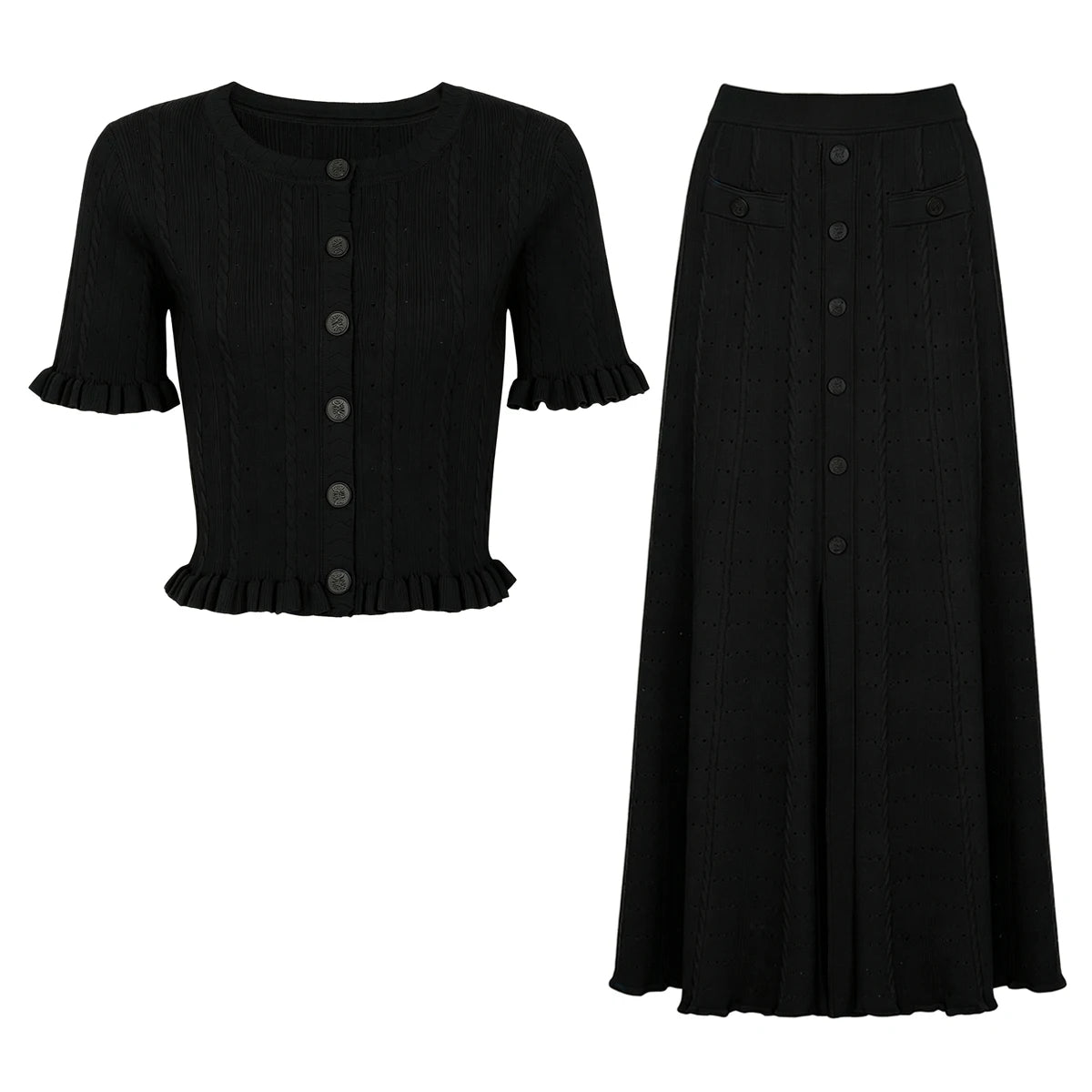 Conjunto Elegante em Tricot com Manga Curta e Saia