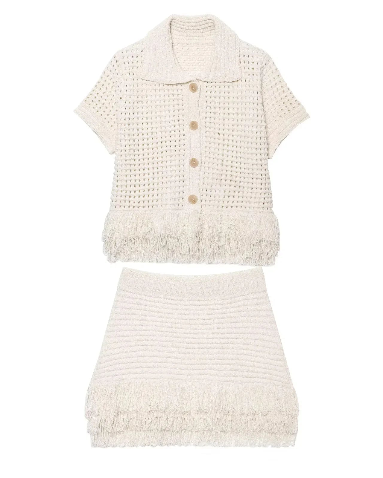 Conjunto em Tricô Vazado – Saia Mini + Camisa