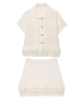 Conjunto em Tricô Vazado – Saia Mini + Camisa
