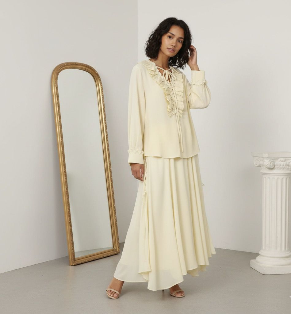 Conjunto Camisa com Babados & Saia Midi Casual Primavera/Verão