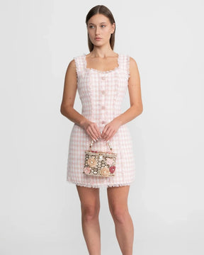 Vestido Tweed Blue Royale com Botões de Cristal Bordados à Mão