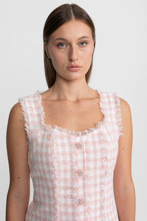 Vestido Tweed Blue Royale com Botões de Cristal Bordados à Mão