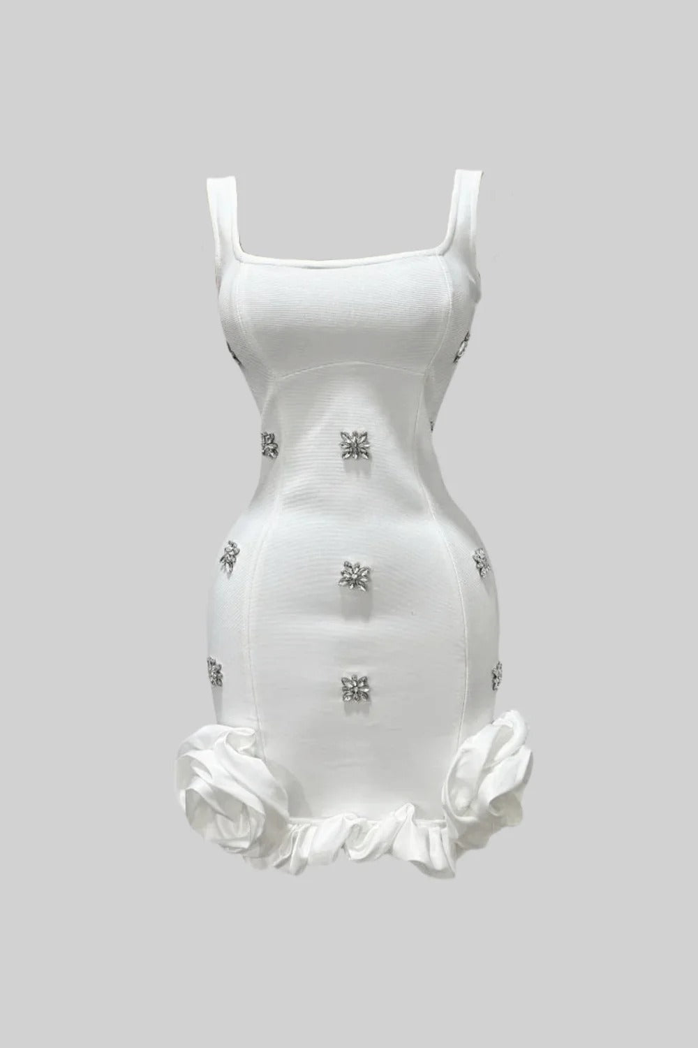 Vestido Mini Estruturado com Babados Esculpidos e Cristais Bordados à Mão