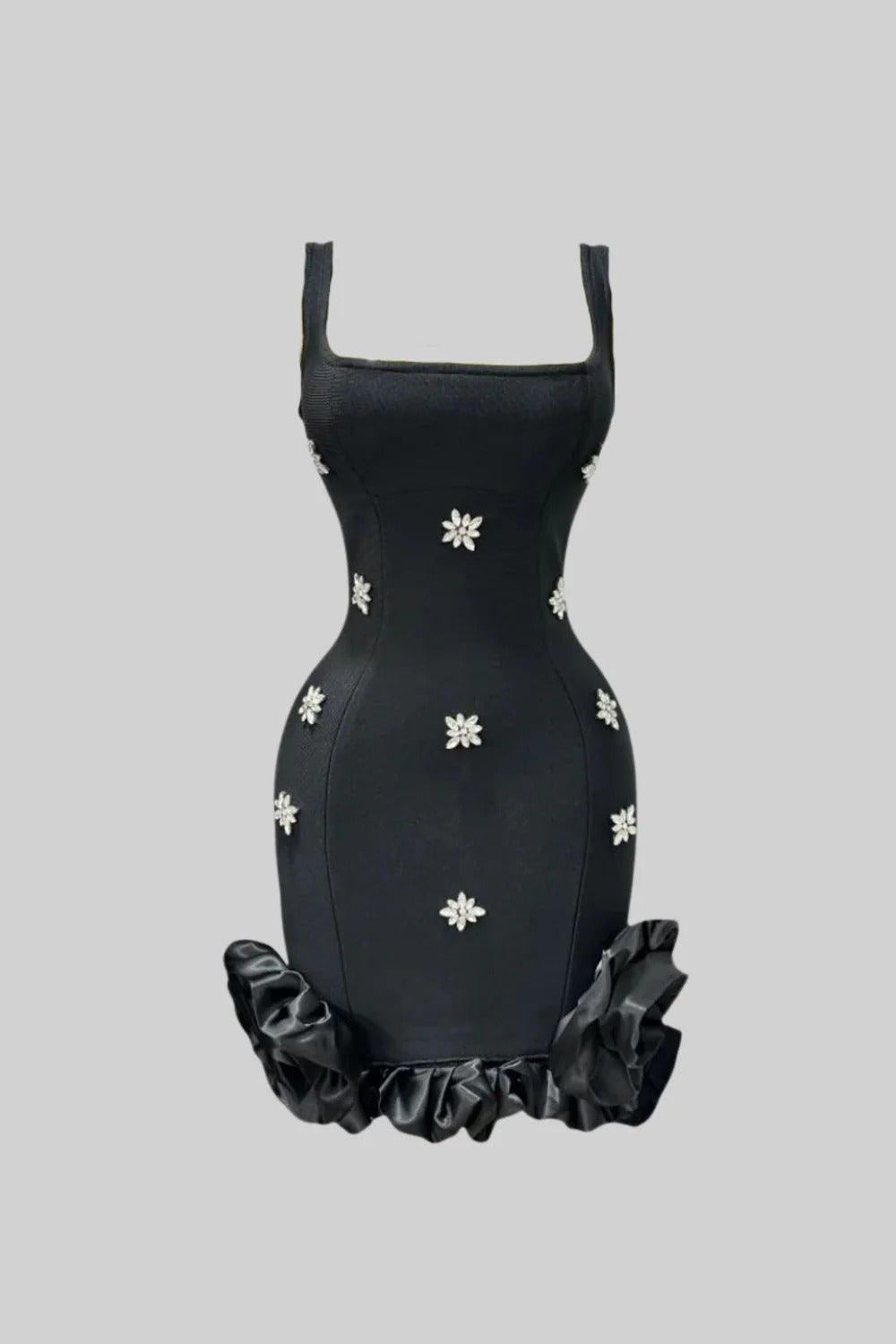 Vestido Mini Estruturado com Babados Esculpidos e Cristais Bordados à Mão