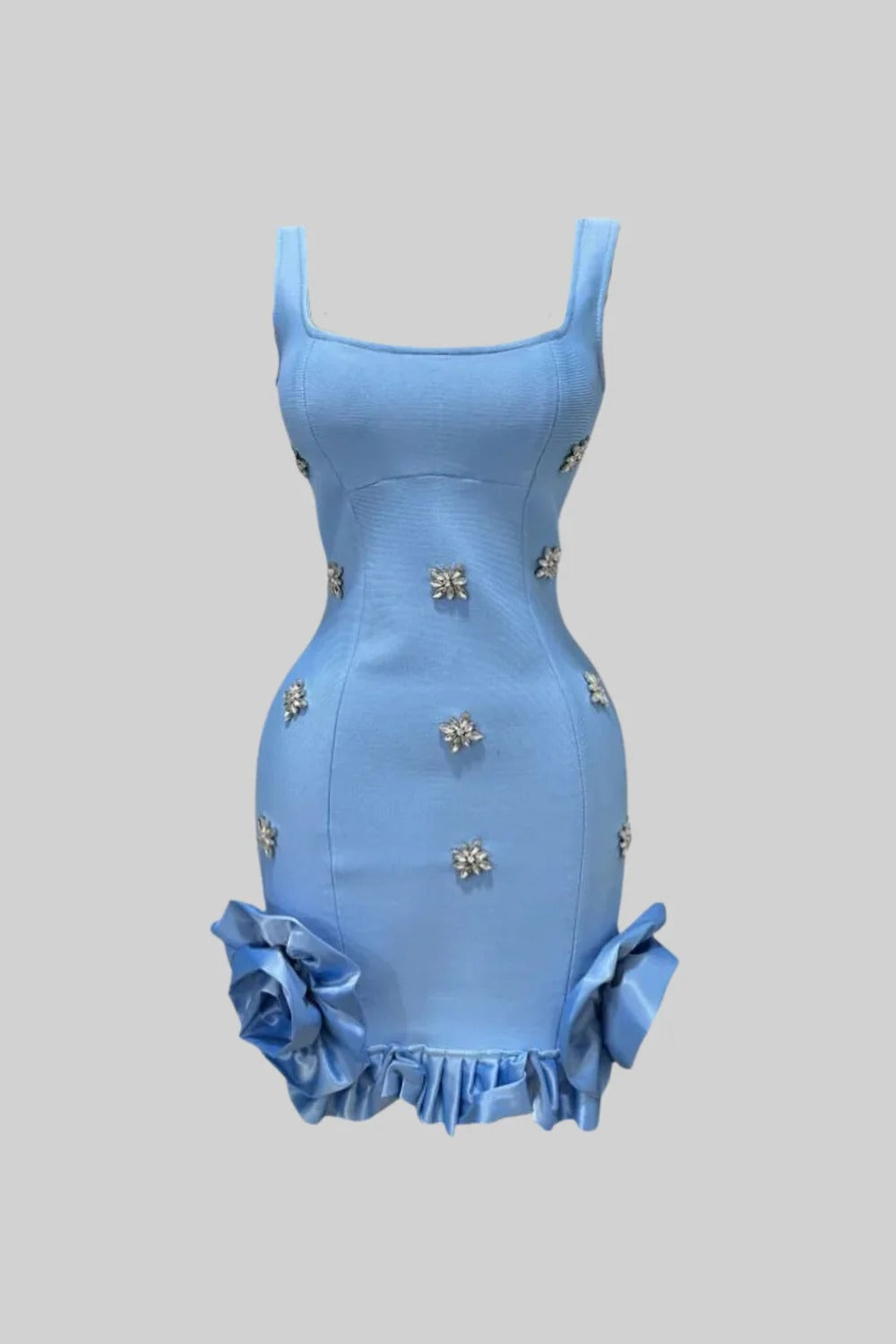 Vestido Mini Estruturado com Babados Esculpidos e Cristais Bordados à Mão