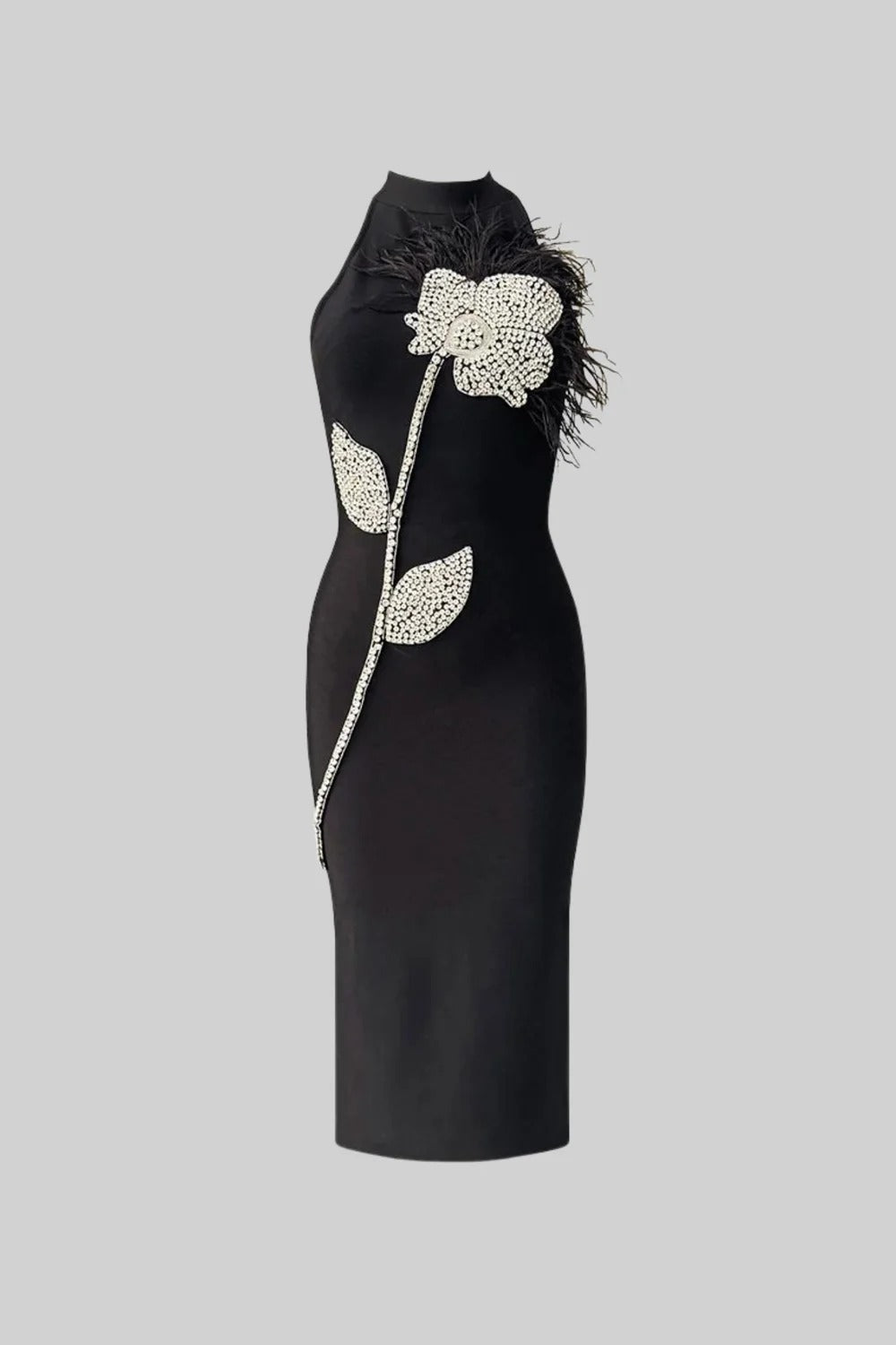Vestido Midi Halter com Bordados à Mão e Plumas – Elegância Ícone de Festa