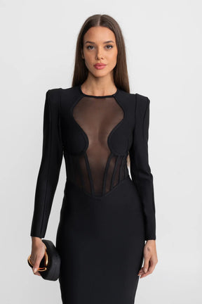 Vestido Longo com Corset Translúcido e Estrutura Elegante