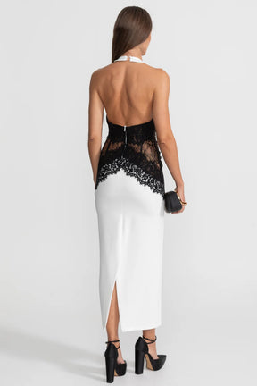 Vestido Elegante Halter com Renda Aplicada e Caimento Nobre