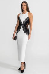 Vestido Elegante Halter com Renda Aplicada e Caimento Nobre