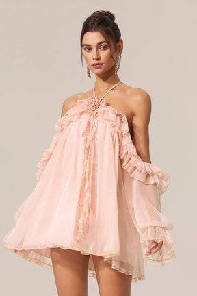 Vestido Ombro a Ombro com Flores Delicadas e Mangas em Babados