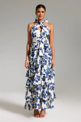 Vestido Longo Estampado com Decote em V, Cintura Alta e Saia em Linha A – Elegância Leve para Dias de Verão
