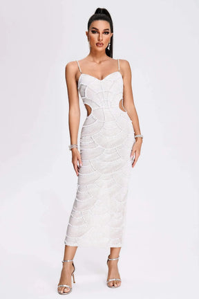 Vestido Halter com Bordado à Mão em Pedrarias e Recortes Sensuais – Elegância Escultural para Ocasiões Especiais