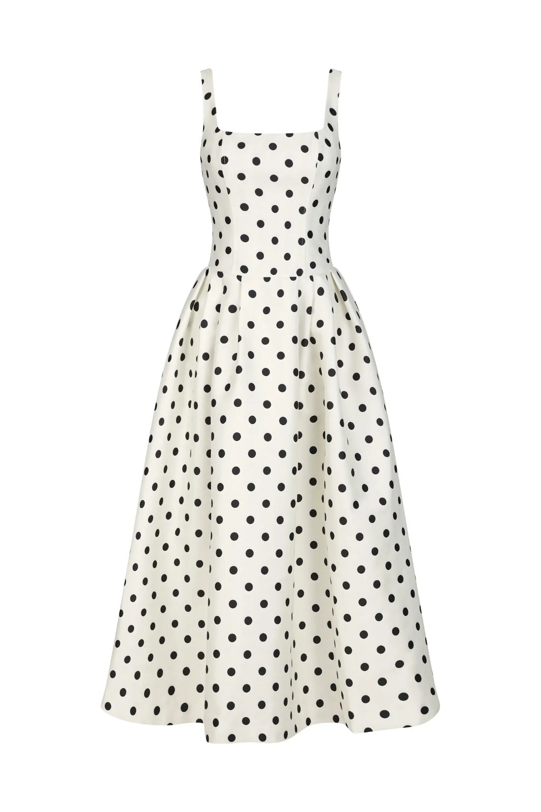 Vestido Longo Plissado com Estampa de Poá, Decote Quadrado e Bolsos Funcionais