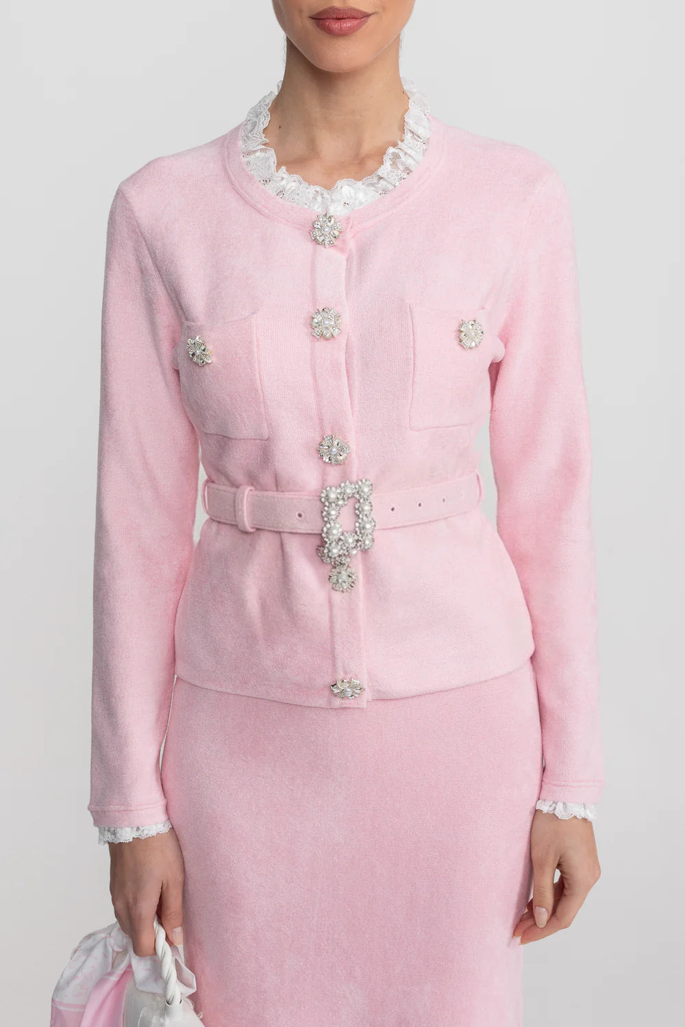 Conjunto Executivo Rosa: Casaco Estruturado e Saia Sereia Midi – Elegância