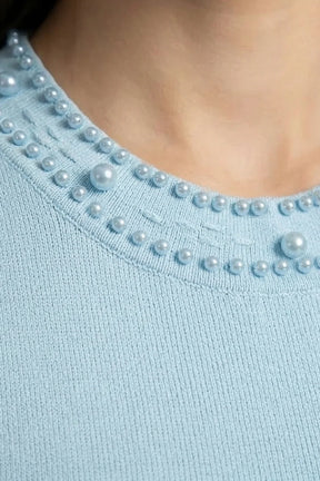 Vestido Midi em Tricô com Aplicações de Pérolas – Azul Serenity
