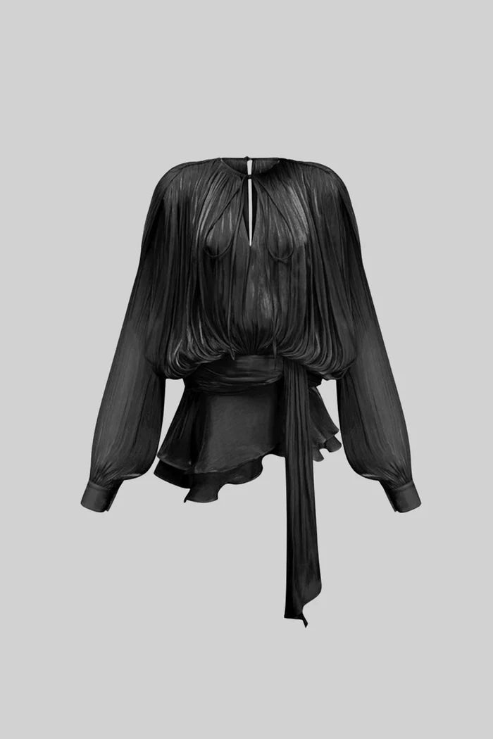 Vestido Mini com Babados, Mangas Longas e Silhueta Fluida