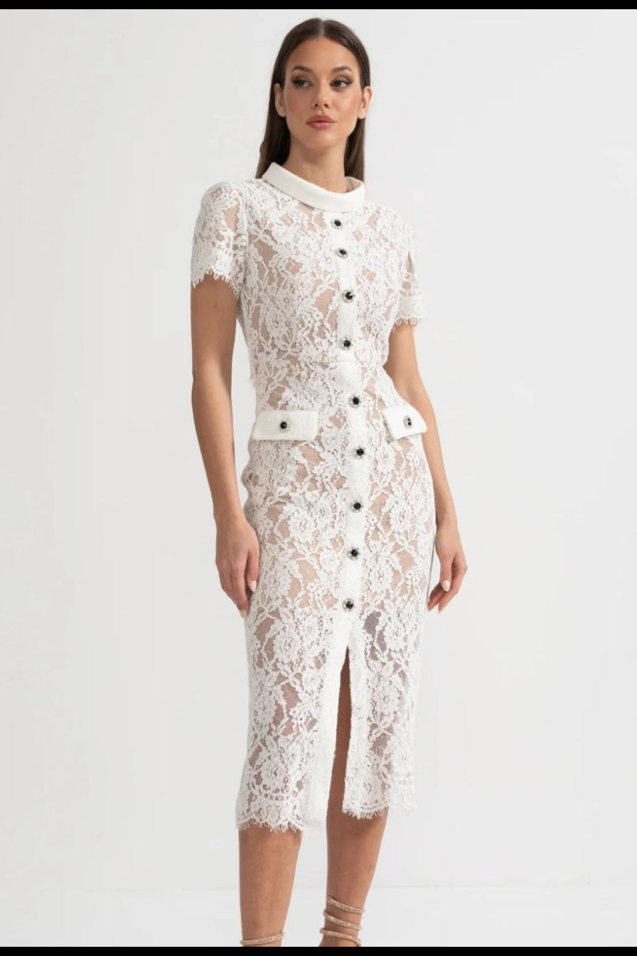 Vestido de Renda com Botões – Silhueta Fina e Detalhes Artísticos