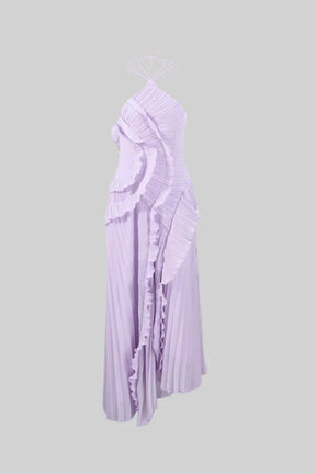 Vestido Sexy Assimétrico e Decote nas Costas – Sem Mangas, Com Babados, Cintura Alta e Modelagem Slim