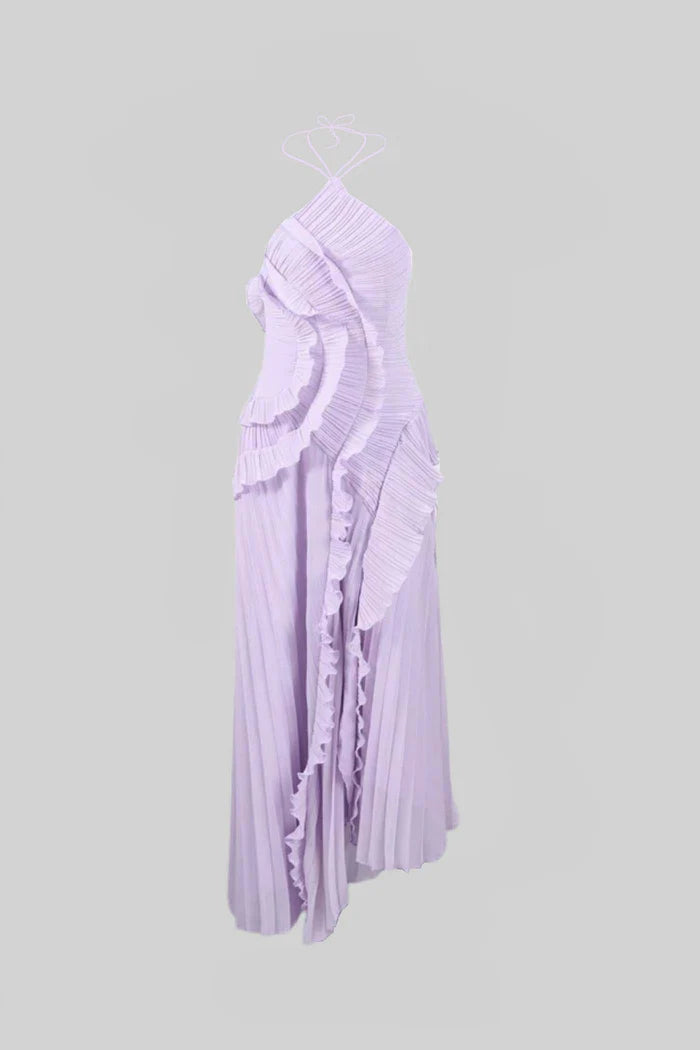 Vestido Sexy Assimétrico e Decote nas Costas – Sem Mangas, Com Babados, Cintura Alta e Modelagem Slim
