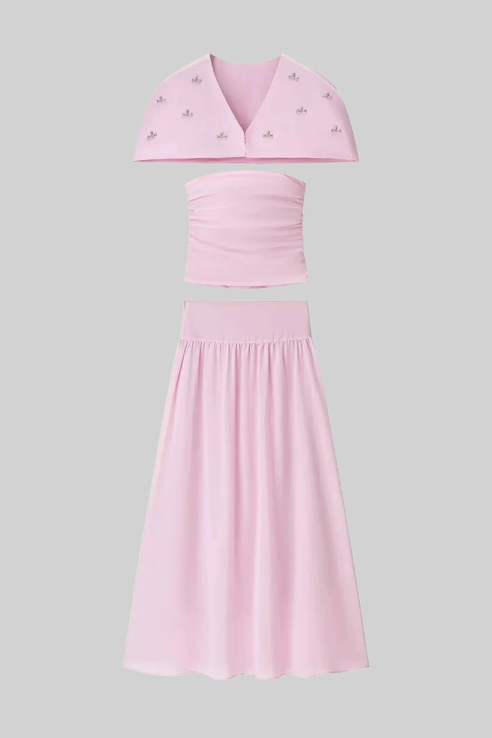 Conjunto Três Peças com Capa Fluida e Saia Longa