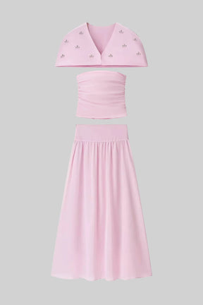 Conjunto Três Peças com Capa Fluida e Saia Longa
