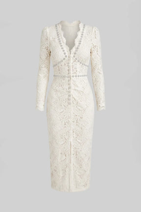 Vestido Elegante de Renda Mídium com Mangas Longas
