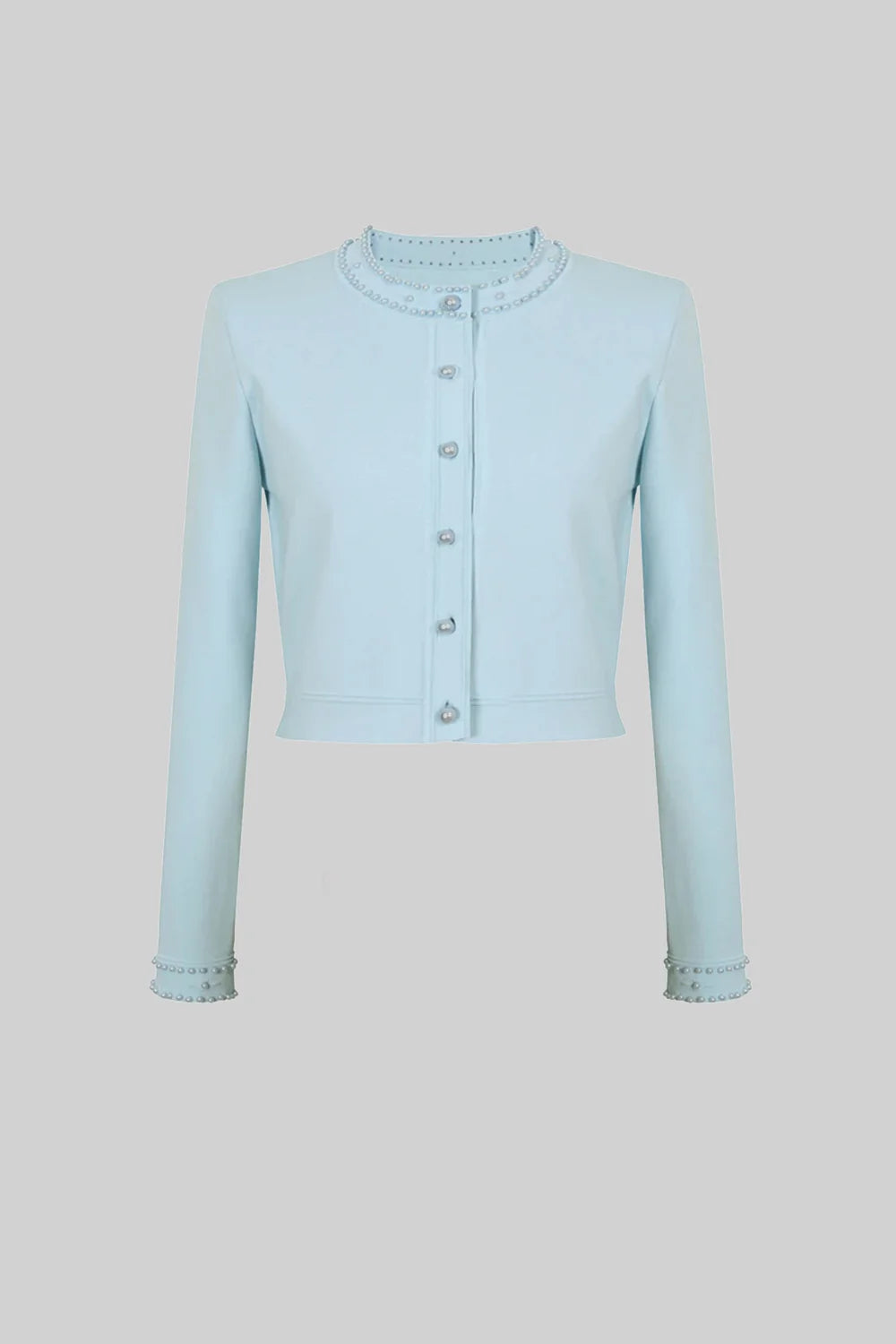 Cardigan em Tricô com Aplicações de Pérolas – Azul Serenity