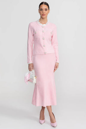 Conjunto Executivo Rosa: Casaco Estruturado e Saia Sereia Midi – Elegância