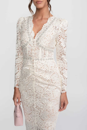 Vestido Elegante de Renda Mídium com Mangas Longas