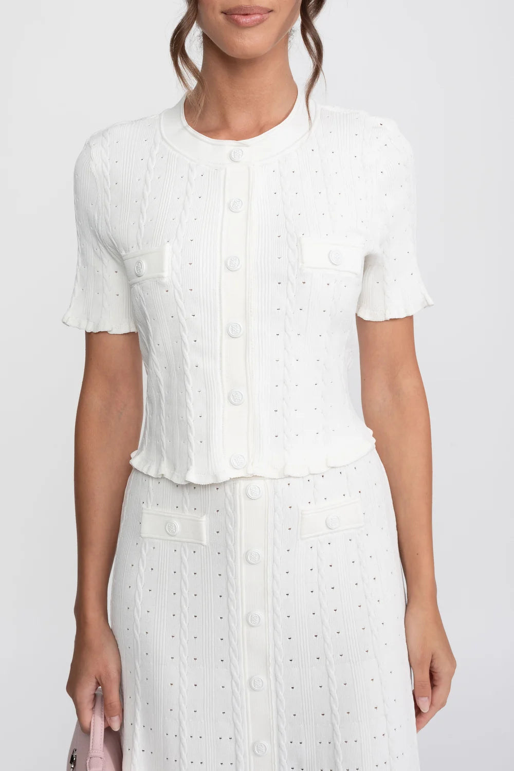 Conjunto Elegante em Tricot com Manga Curta e Saia