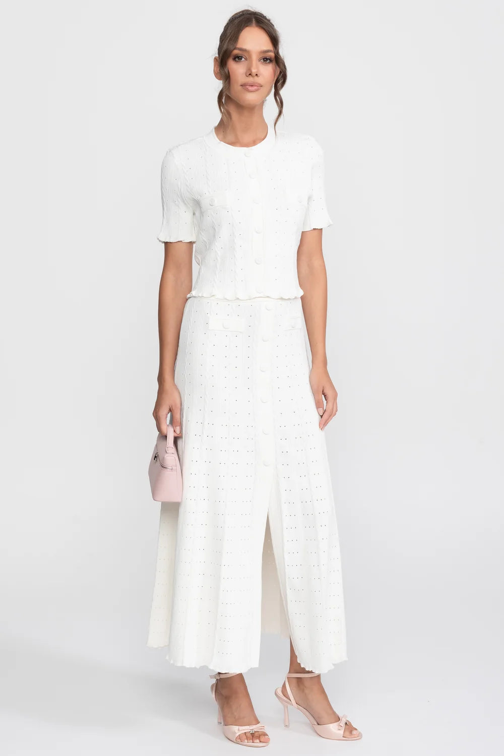 Conjunto Elegante em Tricot com Manga Curta e Saia